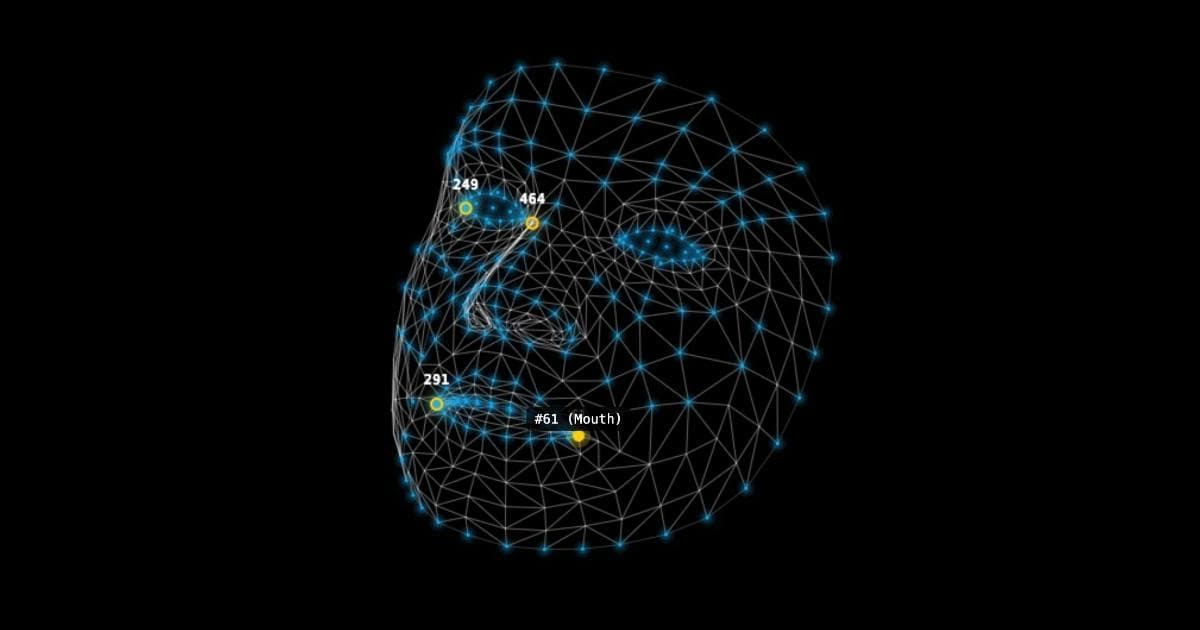 Wireframe view of the face landmark explorer with four pinned points highlighted.